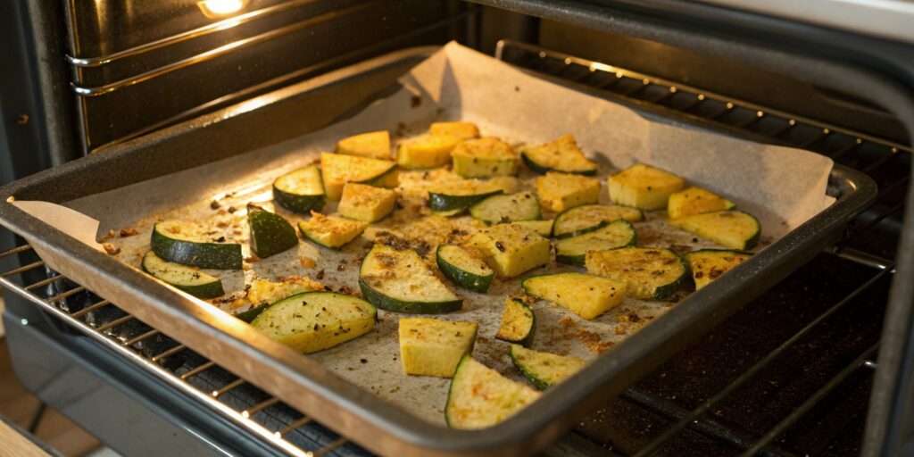 A baking sheet lined with crispy fried squash inside a warm kitchen, showcasing golden-brown pieces ready to be served.