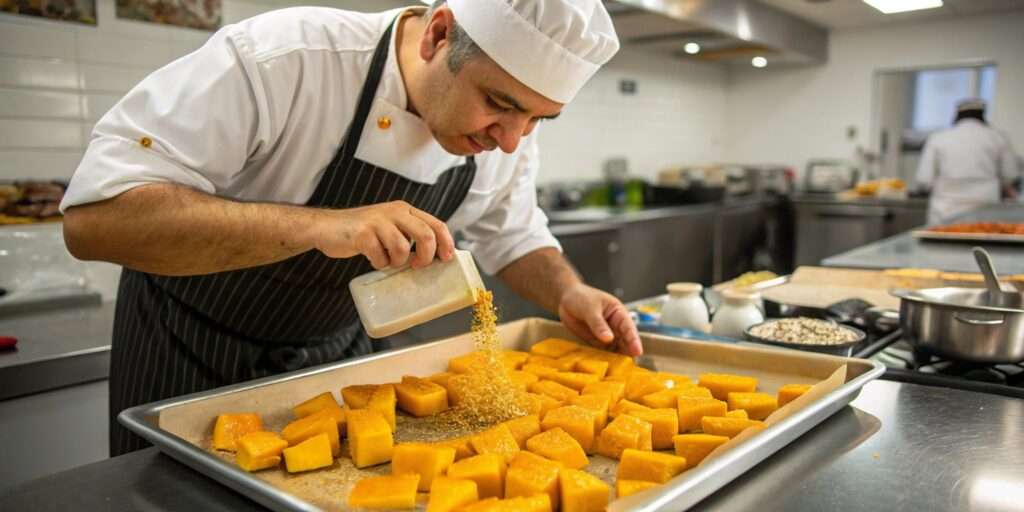 A chef sprinkling spices over a tray of cubed squash, preparing it for roasting in a warmly lit kitchen.