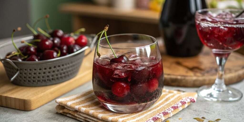 A close-up of a glass filled with deep red cherry juice, garnished with fresh cherries on the rim.


