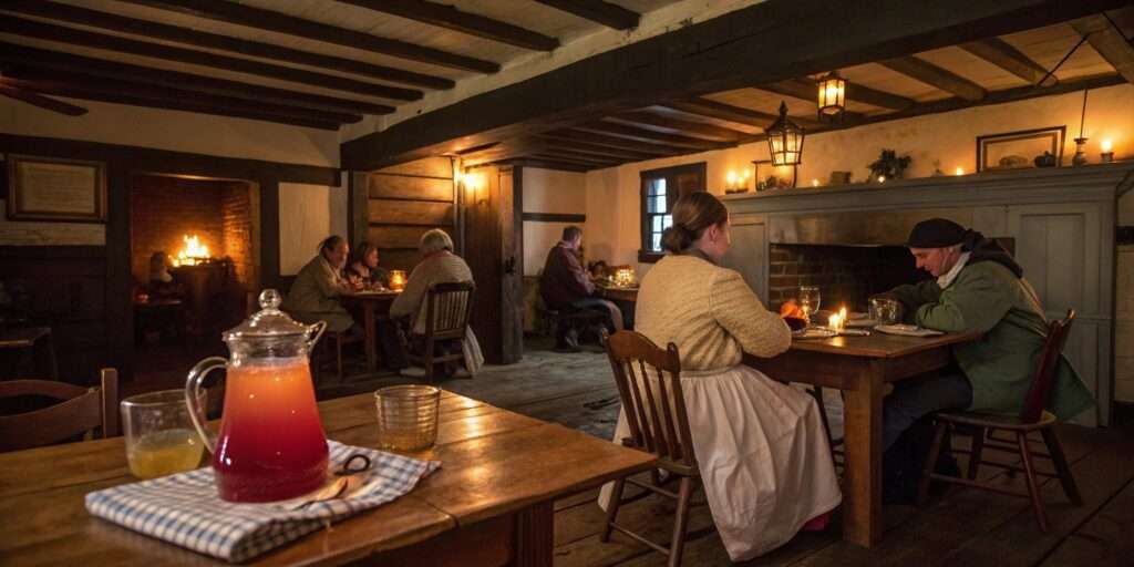 A colonial-style tavern setting with people enjoying food and drinks, featuring rustic wooden furniture, candlelight, and a warm, historic atmosphere.
