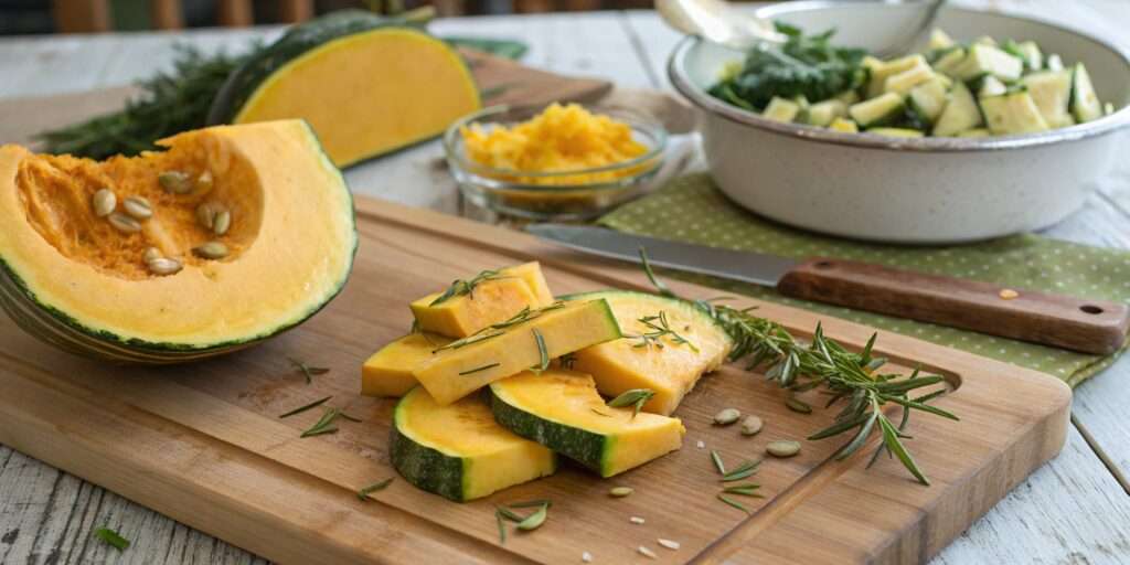 A detailed shot of fresh squash slices on a wooden cutting board, highlighting their vibrant color and texture.