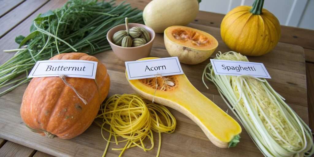 A flat-lay shot of different squash varieties, including butternut, zucchini, and yellow squash, arranged on a rustic wooden surface.