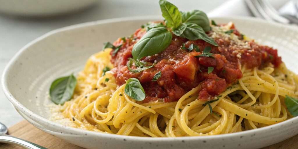 A plate of squash noodles topped with tomato sauce and fresh basil, served on a rustic wooden table.