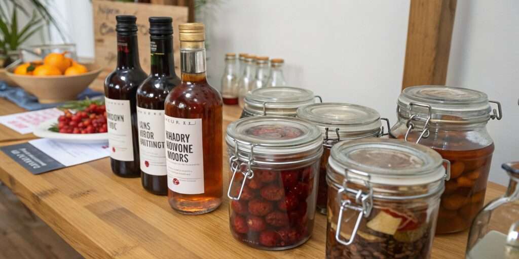 A selection of alcohol bottles next to a glass of cherry bounce, arranged on a rustic wooden surface with fresh cherries and spices.