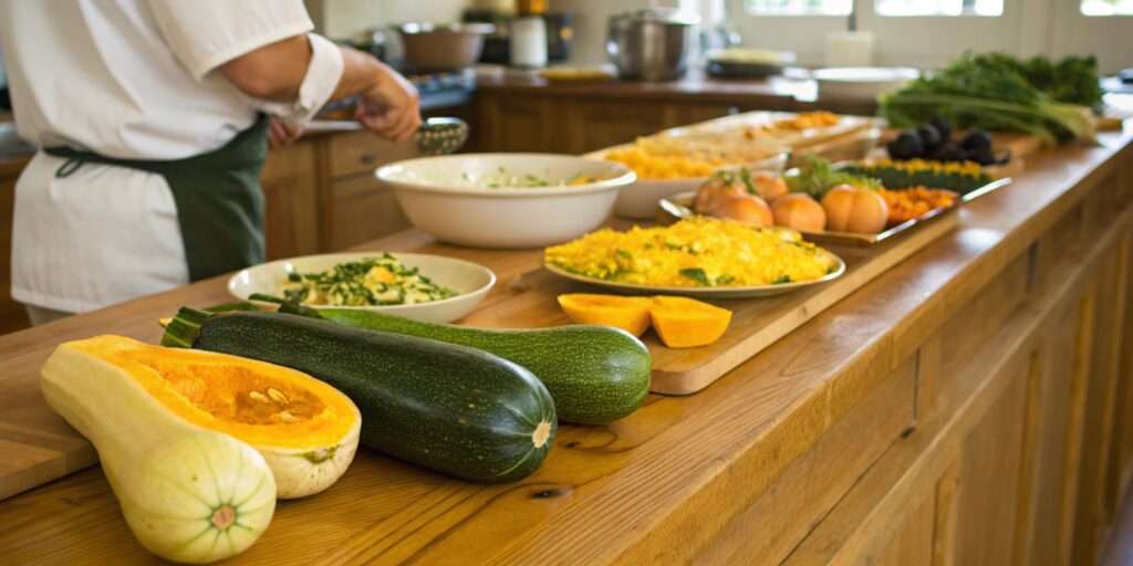 A variety of fresh squash, including zucchini, butternut, and yellow squash, arranged on a rustic wooden surface.