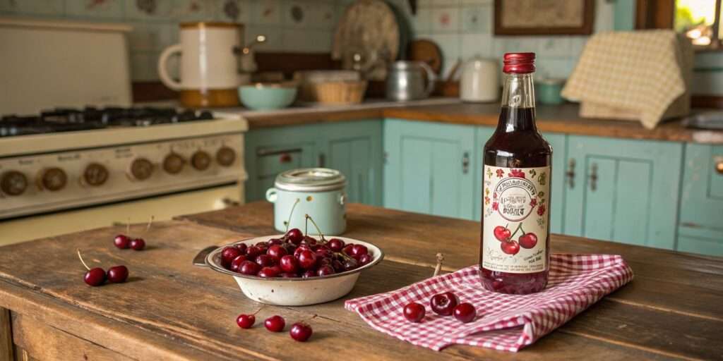 A vintage-style kitchen with a bottle of cherry bounce on a wooden counter, surrounded by fresh cherries, spices, and rustic kitchenware.