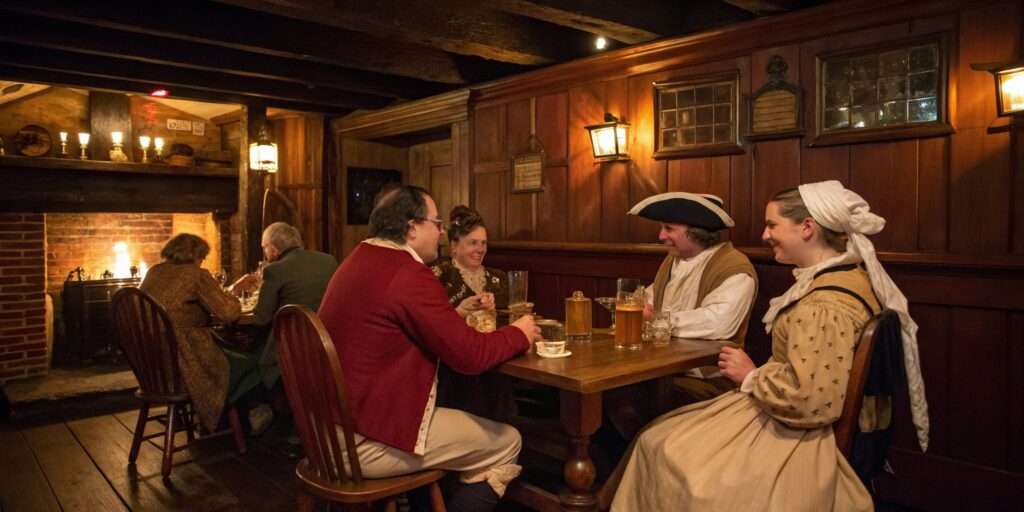 A vintage-style painting of colonial-era people enjoying food and drinks in a lively tavern setting, with warm lighting and rustic decor.