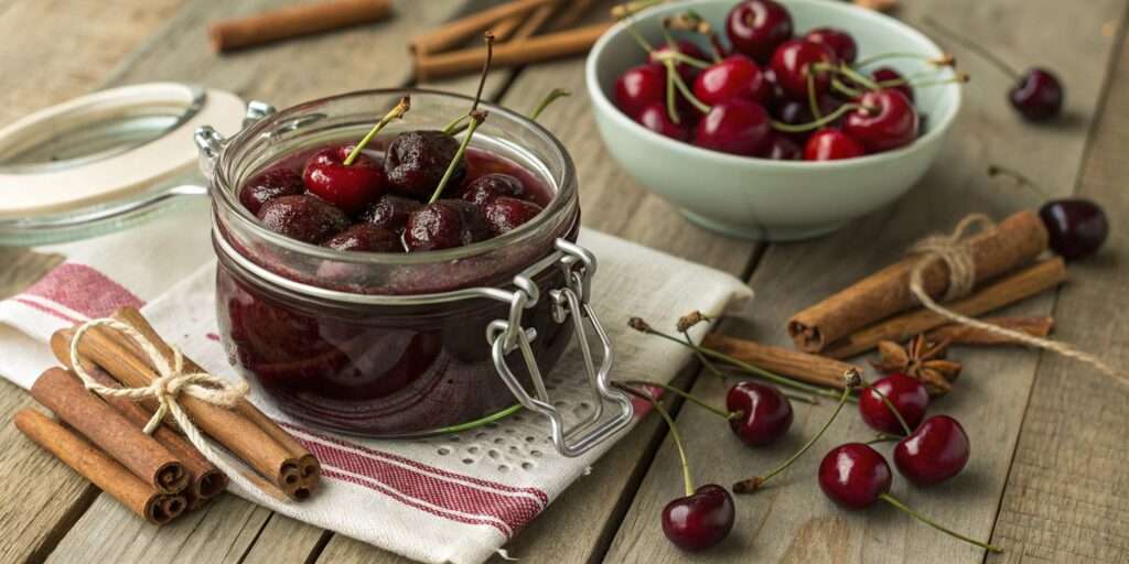A vintage-style setting with a glass jar of homemade fruit preserves, surrounded by fresh berries and a rustic wooden background.
