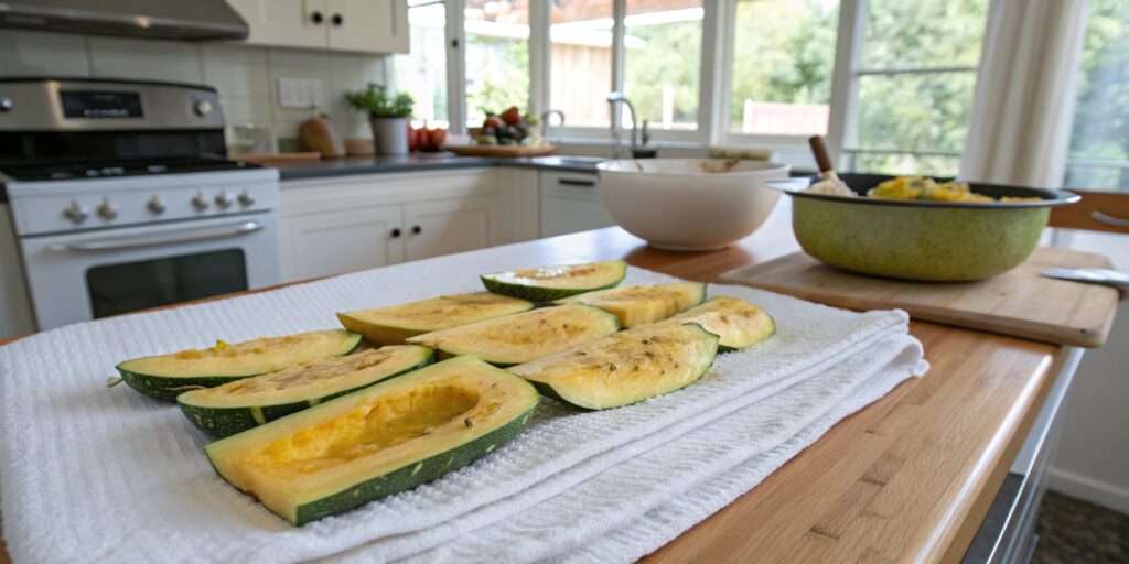 Salted squash slices resting on a paper towel to remove excess moisture before frying, ensuring a crisp texture.