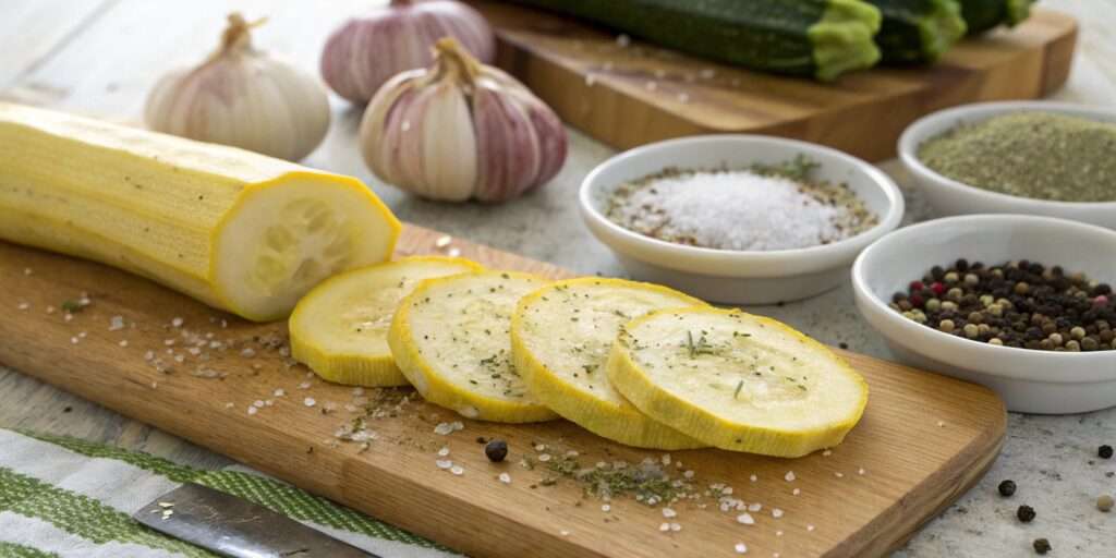 Close-up of sliced yellow squash arranged on a plate before frying, showcasing its fresh texture and vibrant color.