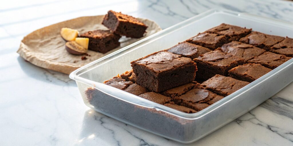Freshly baked brownies stored in an airtight container with a slice of bread to maintain moisture