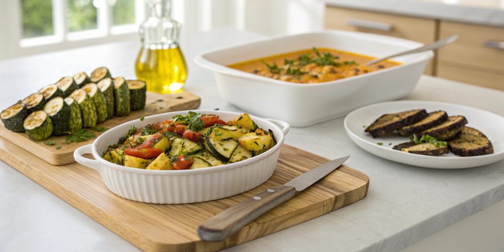 A kitchen countertop displaying calabacito-based dishes, including a stir-fry, soup, and grilled slices, showing various ways to enjoy this versatile squash