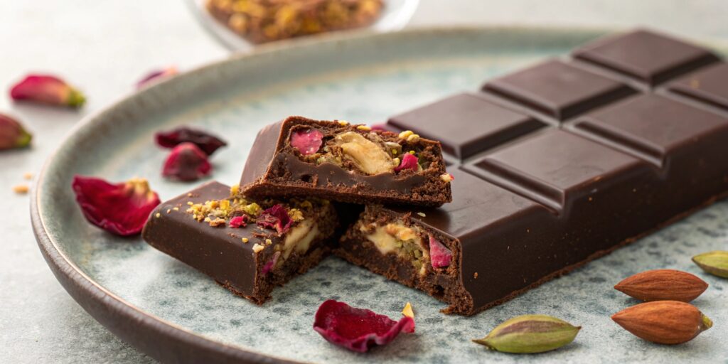 A close-up of Dubai chocolate with a bite taken out, showcasing a creamy texture with saffron, cardamom, and rose petals on a stylish plate
