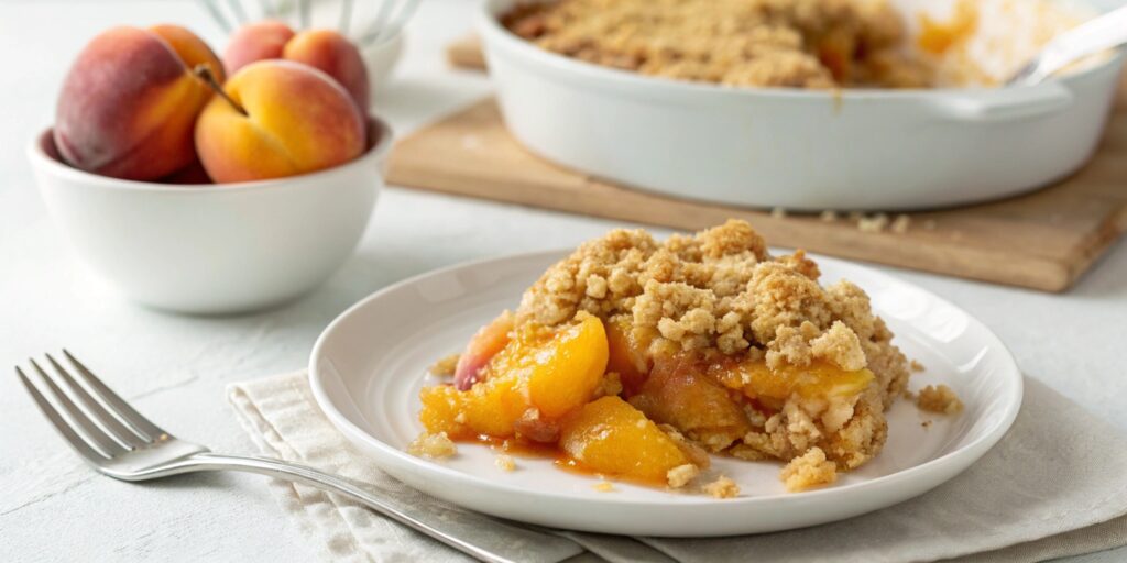 A serving of peach crumble on a white plate, with a crisp golden topping and juicy peach filling