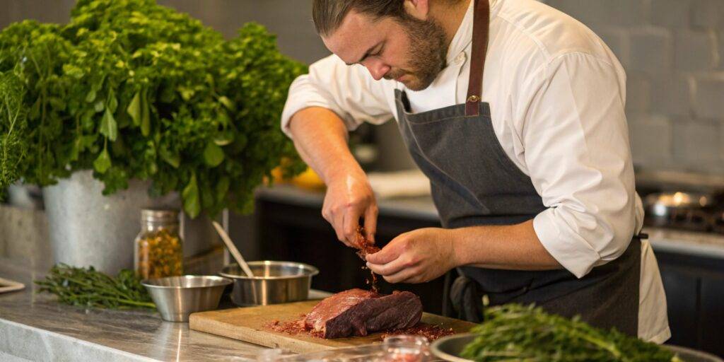 A butcher preparing venison, seasoning the meat before cooking, highlighting the fresh cut and spices