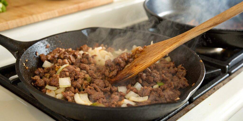 A cast iron skillet with browned ground beef and diced onions, sizzling and ready for cooking