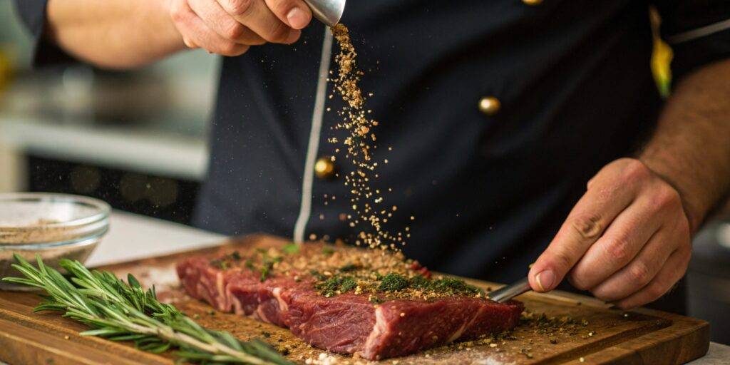 A chef sprinkling spices over a raw venison cut, preparing it for cooking with flavorful seasoning