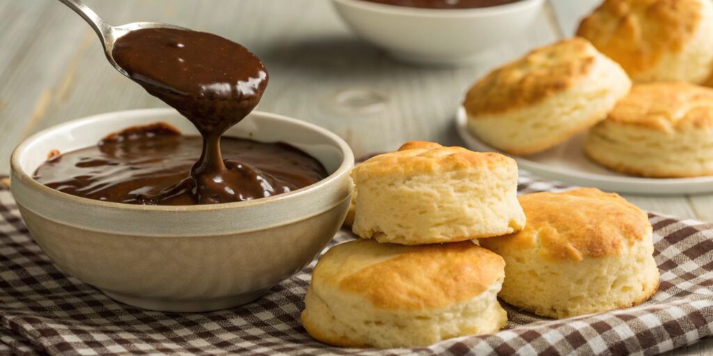 A Southern breakfast featuring chocolate gravy and biscuits.