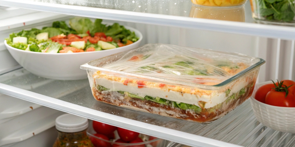 A glass dish of leftover 7-layer taco dip, covered with plastic wrap and stored in a refrigerator alongside fresh ingredients like tomatoes, cheese, and avocados