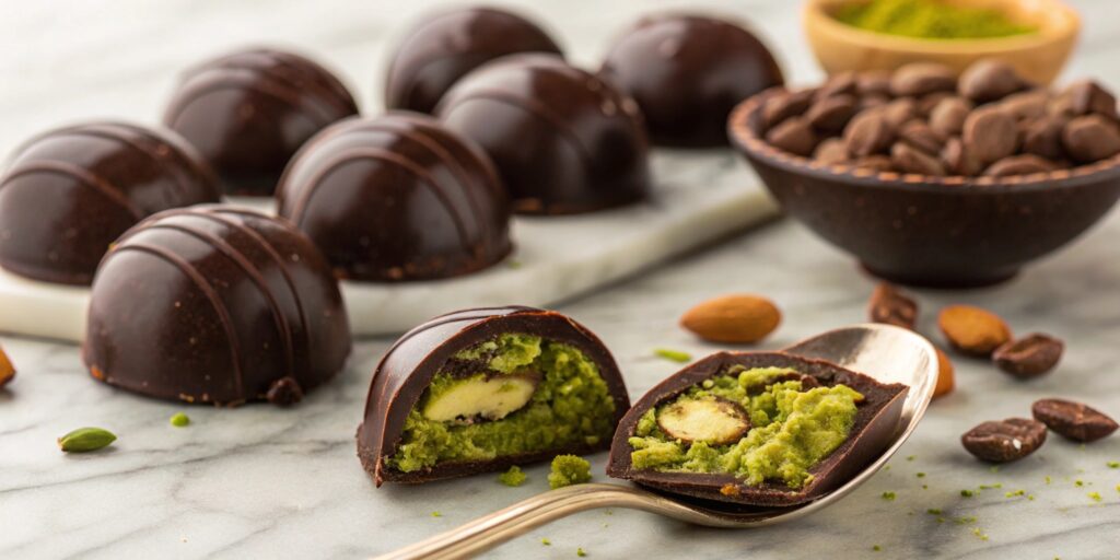 A close-up of Dubai chocolates with a green pistachio filling, surrounded by pistachios, cocoa beans, and melted chocolate in a luxury setting