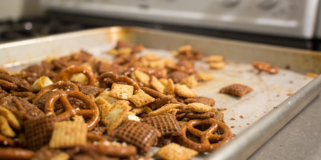 Soggy Chex Mix with excess butter pooling on a baking sheet, showing improperly baked pieces.