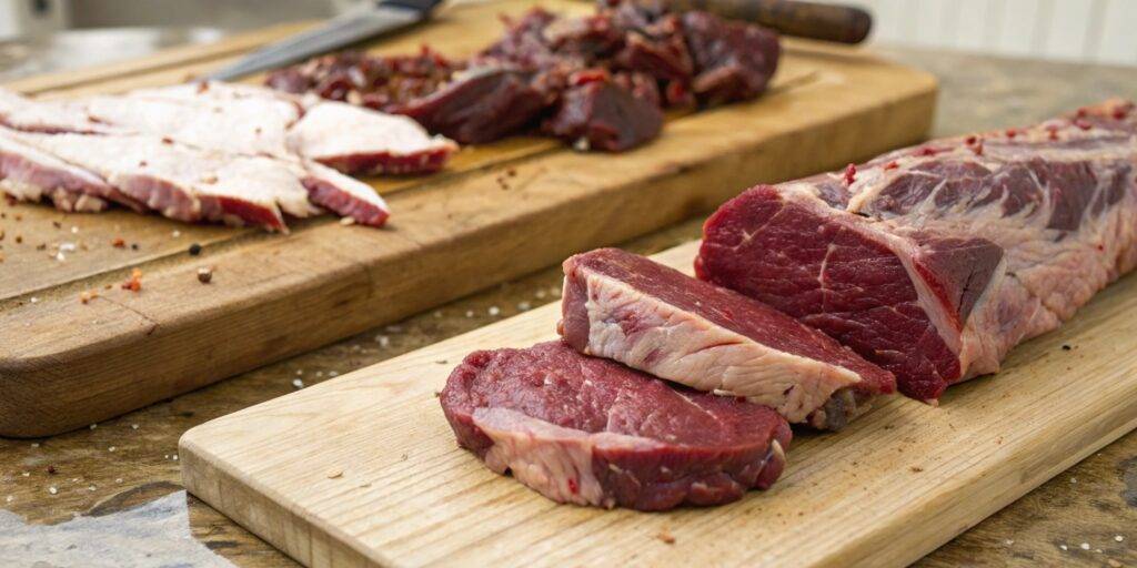 A close-up of different venison cuts labeled on a wooden board, showcasing various meat sections and textures