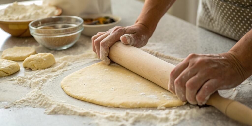 Hands rolling out Gipfeli dough on a floured surface, with yeast, a rolling pin, and pre-shaped pastries in the background