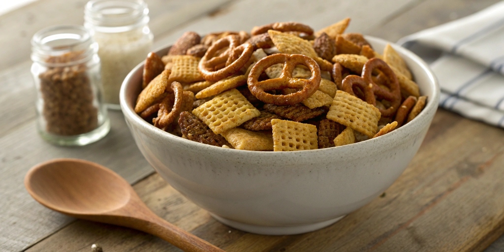 Bagel chips in a bowl of classic Chex Mix with pretzels and rye chips on a wooden kitchen counter.
