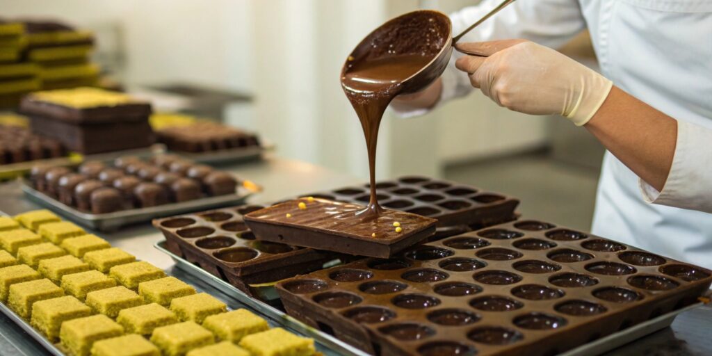 A chocolatier pouring glossy melted chocolate into molds at a Dubai chocolate factory, with partially set chocolates and trays of saffron and pistachio-infused treats cooling in the background.