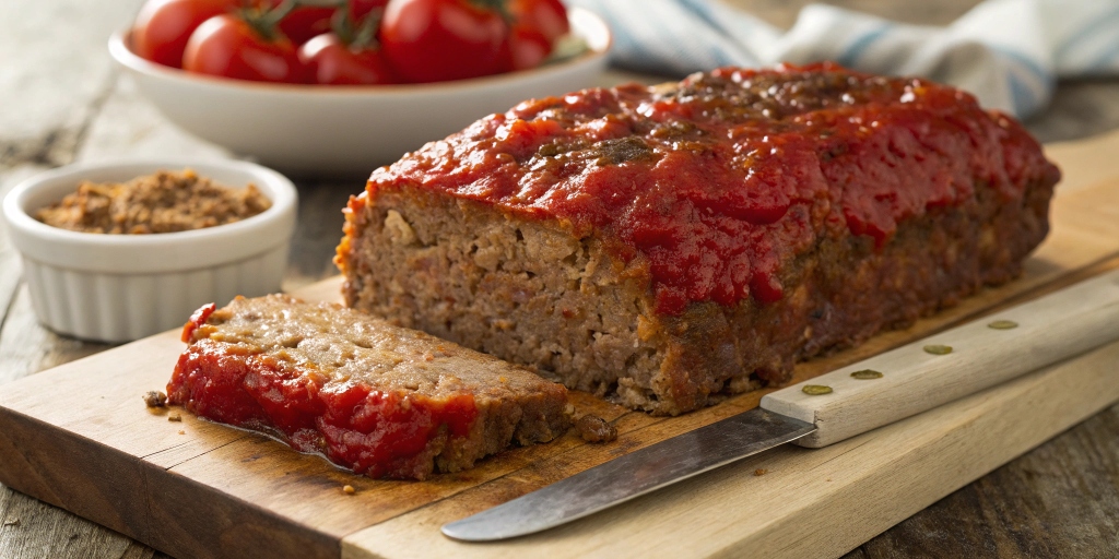 Classic meatloaf topped with tomato sauce, placed on a wooden board with fresh tomatoes and spices in the background