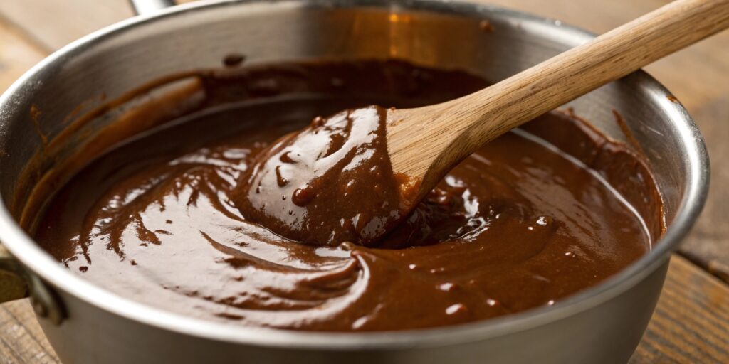 Smooth and creamy chocolate gravy being stirred in a saucepan with a wooden spoon