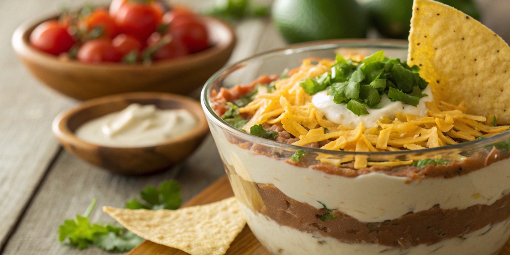 A close-up of a classic taco dip with multiple layers, served in a glass bowl with a tortilla chip dipped in, surrounded by fresh ingredients