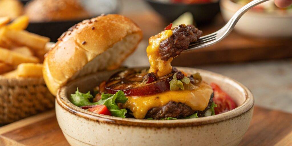 A close-up shot of a fork lifting a bite from a bowl of hearty venison stew, showcasing tender meat and rich broth