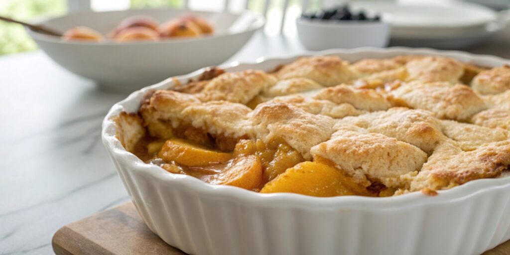 Freshly baked peach cobbler with thick filling, topped with golden crust.
