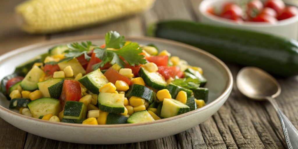 A plate of freshly prepared Calabacitas with zucchini, corn, and tomatoes, garnished with cilantro on a rustic wooden table