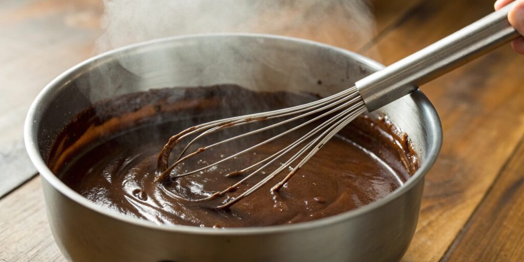 A saucepan of thick, velvety chocolate gravy being stirred with a whisk.
