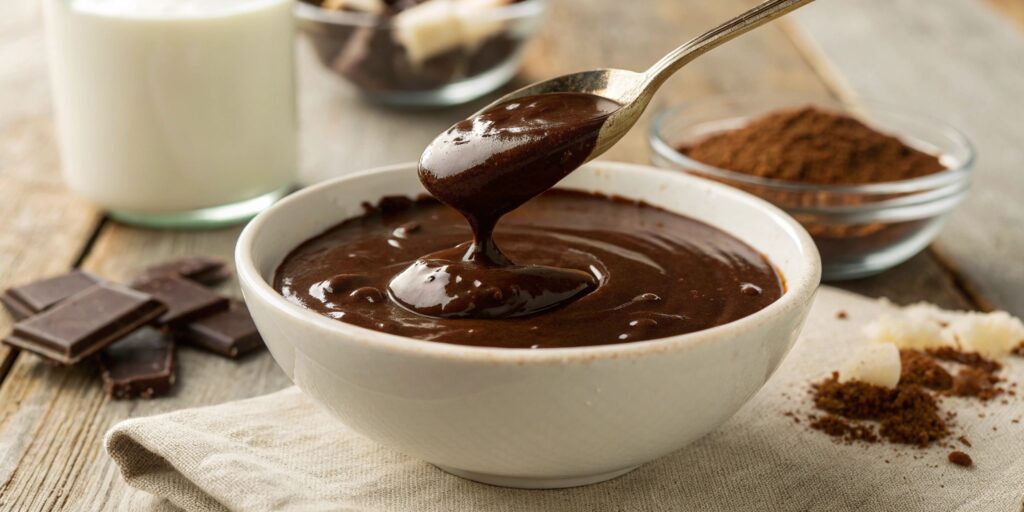 A bowl of smooth and glossy chocolate gravy with a spoon lifting a drizzle, surrounded by cocoa powder, sugar, and milk on a rustic kitchen counter