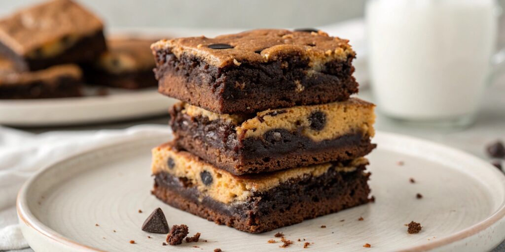 A stack of Slutty Brownies with visible layers of cookie dough, Oreo cookies, and fudgy brownies, placed on a plate in a cozy kitchen setting