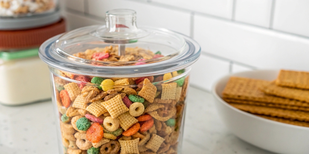 Homemade Chex Mix stored in a sealed glass container to maintain freshness.
