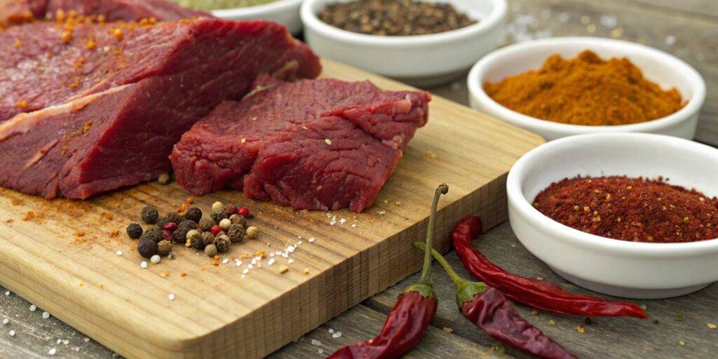 Close-up shot of raw venison meat on a wooden cutting board, showcasing its deep red color and fresh texture.
