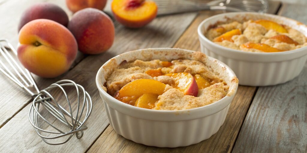Side-by-side comparison of peach cobblers made with fresh peaches and canned peaches, showcasing the texture and color differences in a rustic kitchen setting