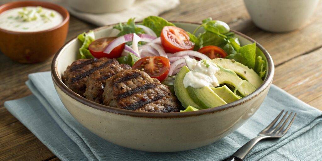 A close-up top-down view of a burger bowl served with fresh vegetables, protein-packed patties, and flavorful toppings
