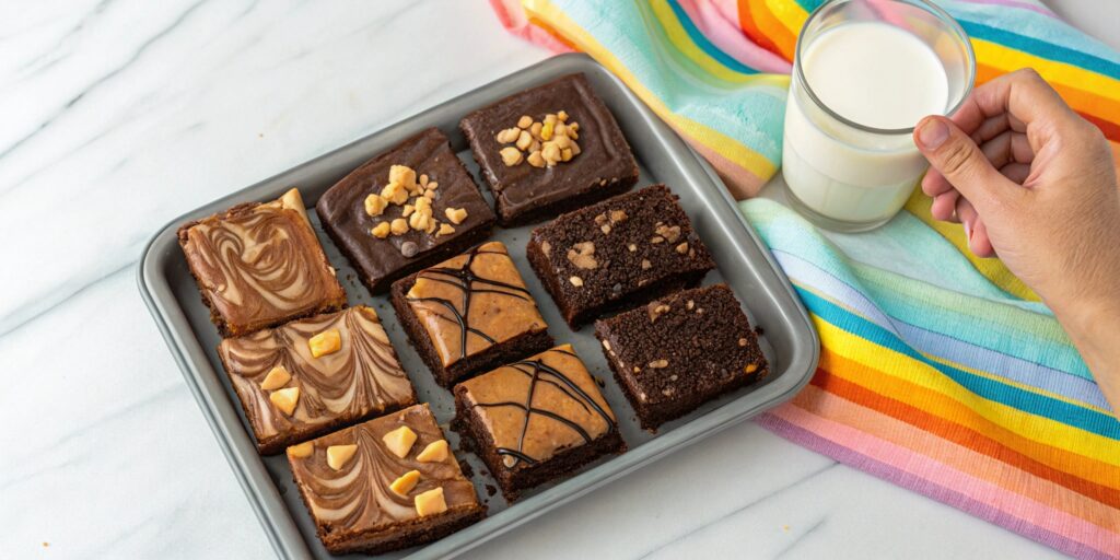An assortment of brownie variations, including peanut butter swirl, salted caramel, and Nutella brownies, on a dessert tray with a hand reaching for one