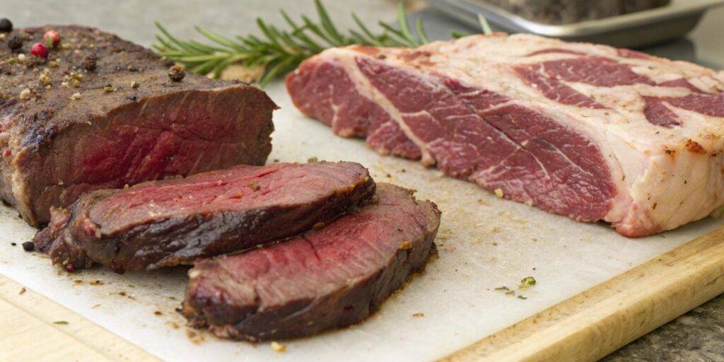 A comparison image of raw venison and beef steak side by side, highlighting differences in color and texture