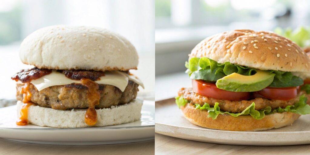 A comparison image showing two burgers side by side, highlighting differences in ingredients, size, and presentation