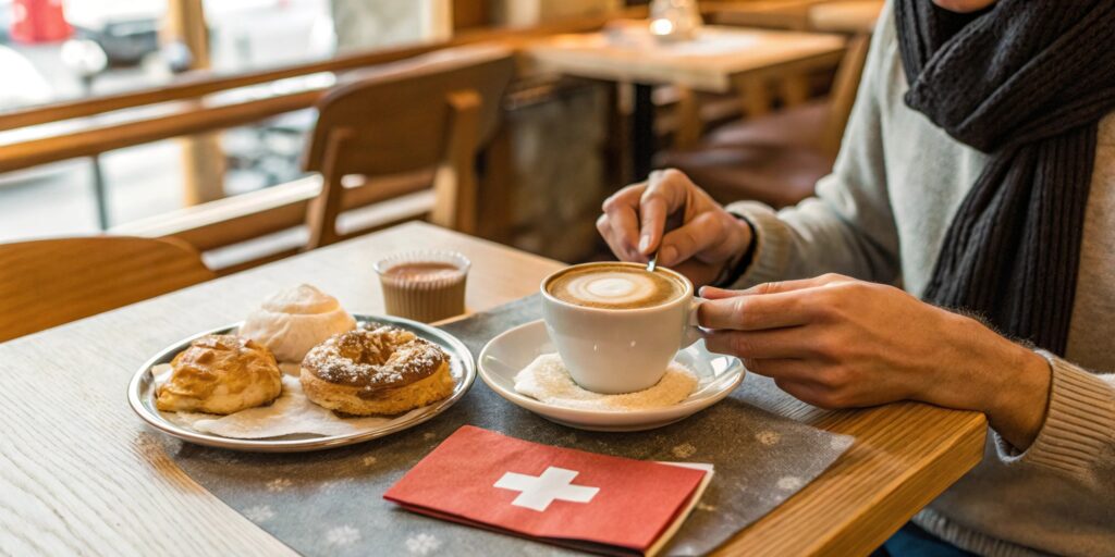A cozy European café setting with Mandelgipfel served alongside a cappuccino, highlighting the perfect pairing for this Swiss pastry.