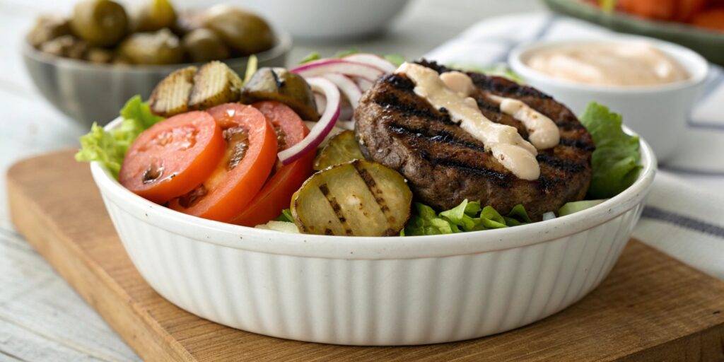 A deconstructed burger bowl in a white ceramic dish, featuring fresh ingredients like lettuce, tomatoes, beef patties, and toppings