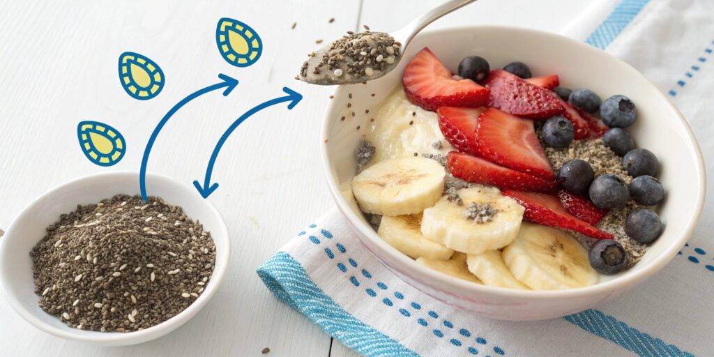A digestive health infographic illustrating how fiber, found in foods like chia seeds, supports gut health and digestion.