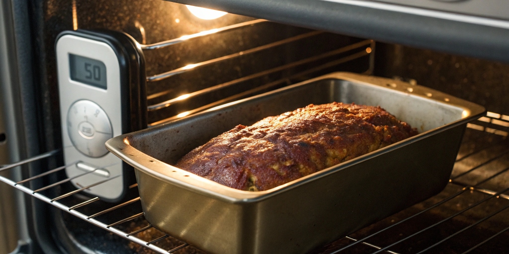 Meatloaf baking in the oven at 350°F with a digital thermometer showing the perfect cooking temperature.