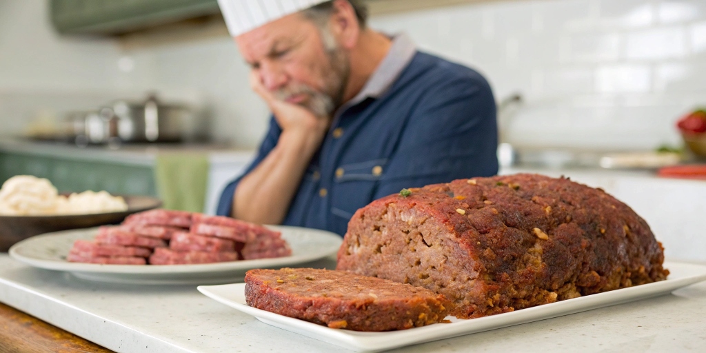 A dry, cracked meatloaf next to a perfectly moist meatloaf, highlighting common baking mistakes.
